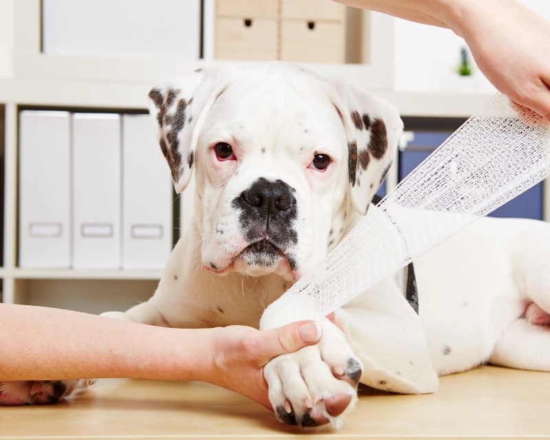 A white-and-brown dog lying on a wooden floor while a person gently holds and massages its paw in a bright office room with storage shelves in the background.