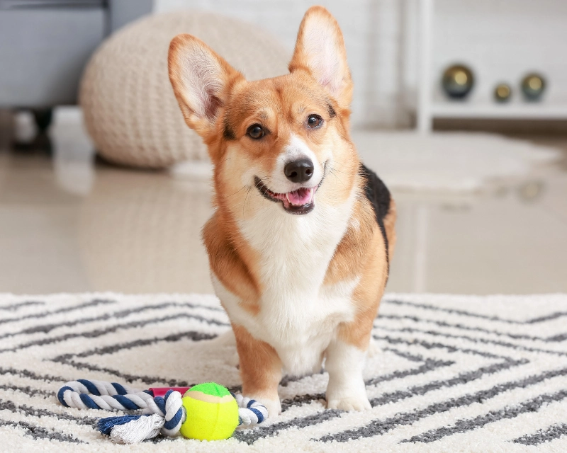 A small tan-and-white corgi sitting on a striped rug, smiling with a toy ball and rope toy near its paws in a bright living room.