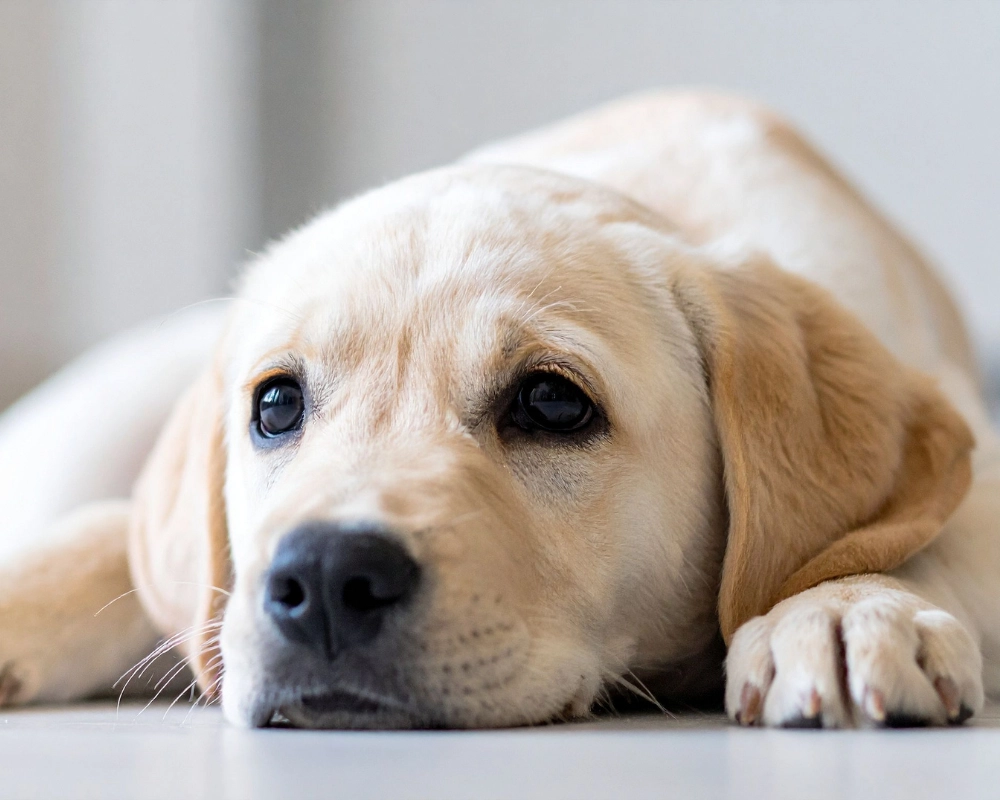 A light-colored puppy with floppy ears lies on a soft surface, resting its front paws forward and looking toward the camera with large dark eyes.