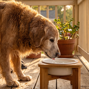 A senior golden retriever with a graying muzzle eats from a raised bowl.