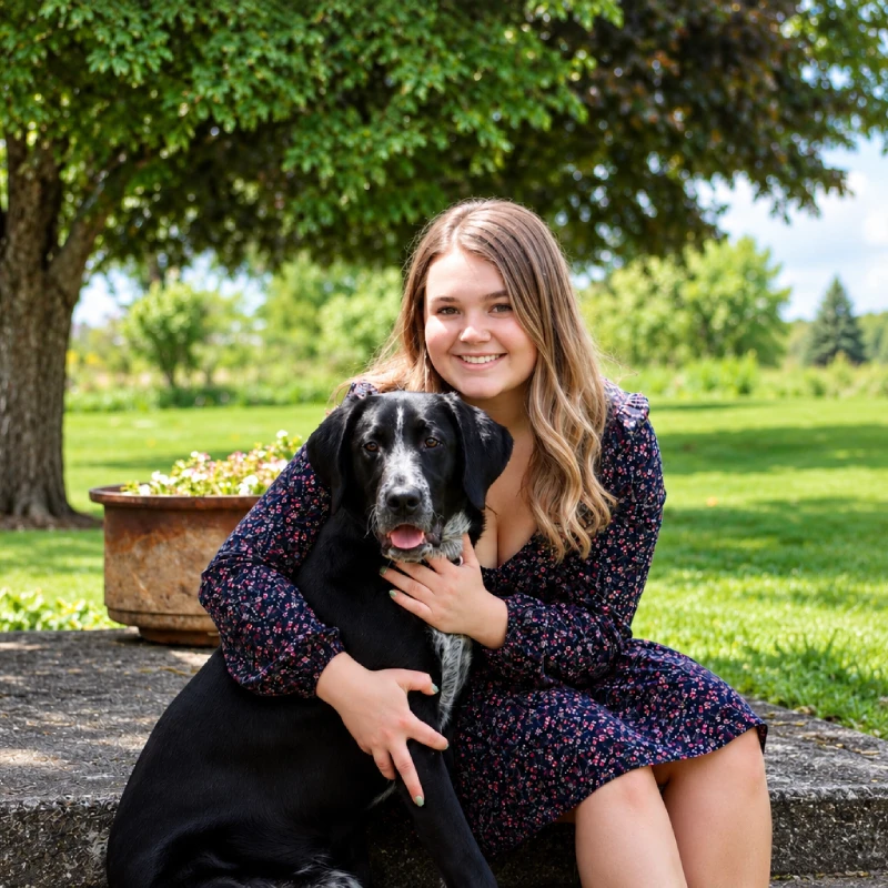 A smiling young woman in a floral dress hugs a black dog with a white muzzle, seated beneath a leafy tree in a sunny park; warm, joyful mood.