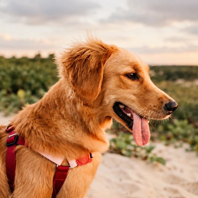 A happy golden-brown dog pants in profile, wearing a red harness on a sandy trail with green fields behind it under a cloudy sky.